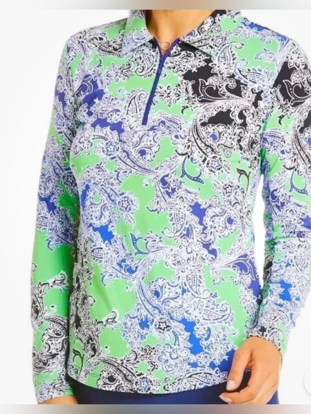 IBKUL Pascha Top Vented Mesh 1/4 Zip Blue Green Paisley Long Sleeve Golf Shirt M